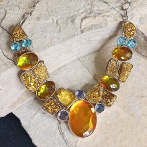925 Statement Necklace Aquamarine, Amethyst and Druzy